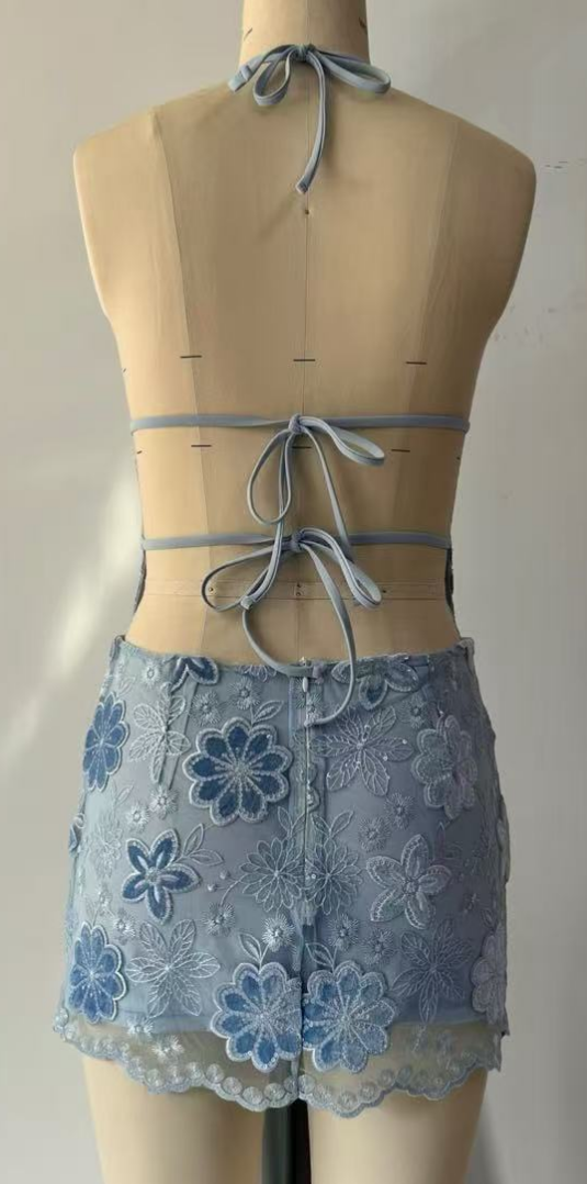 blue floral lace swim dresses