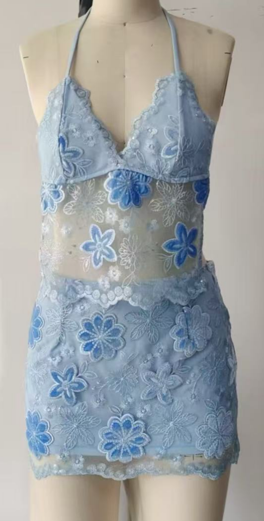 blue floral lace swim dresses