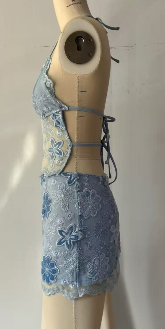 blue floral lace swim dresses
