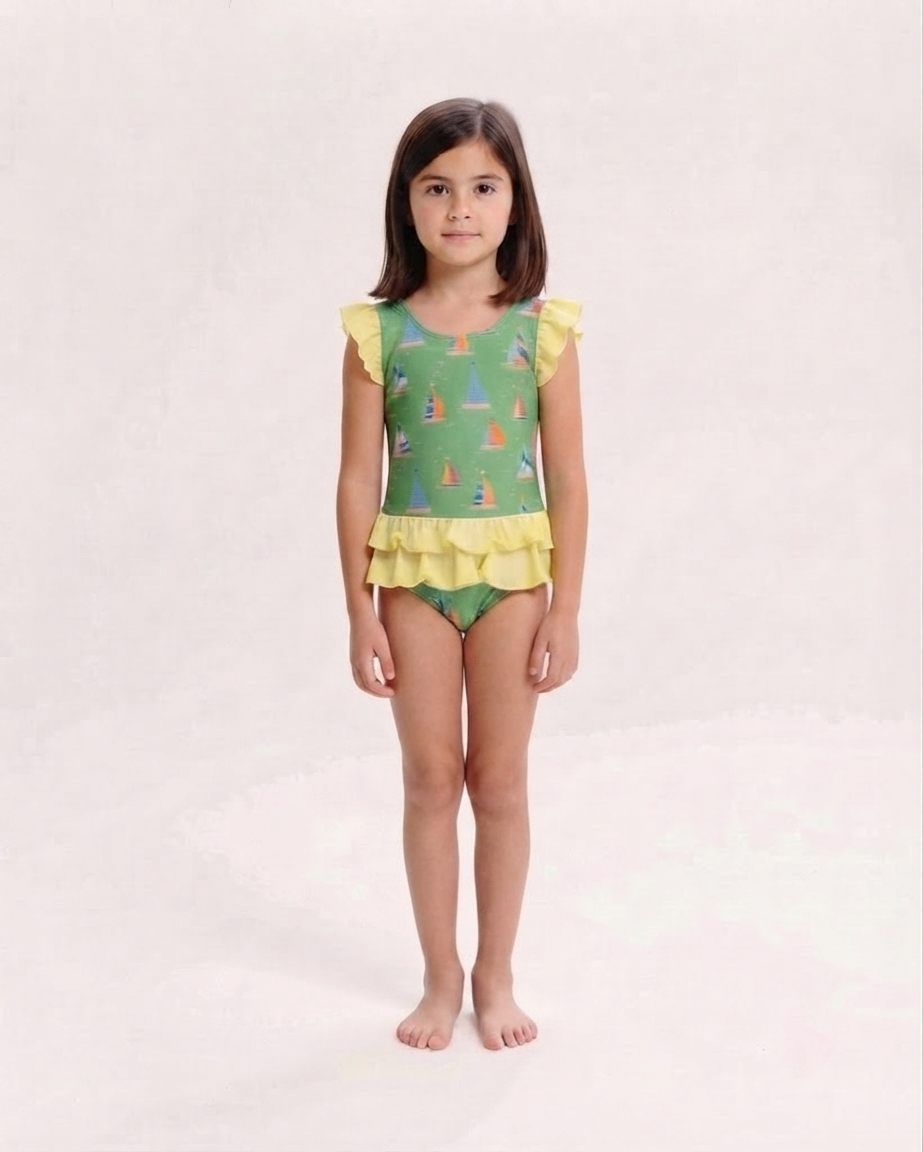 Kids Green Sailboat Print Ruffle One Piece Swimsuit