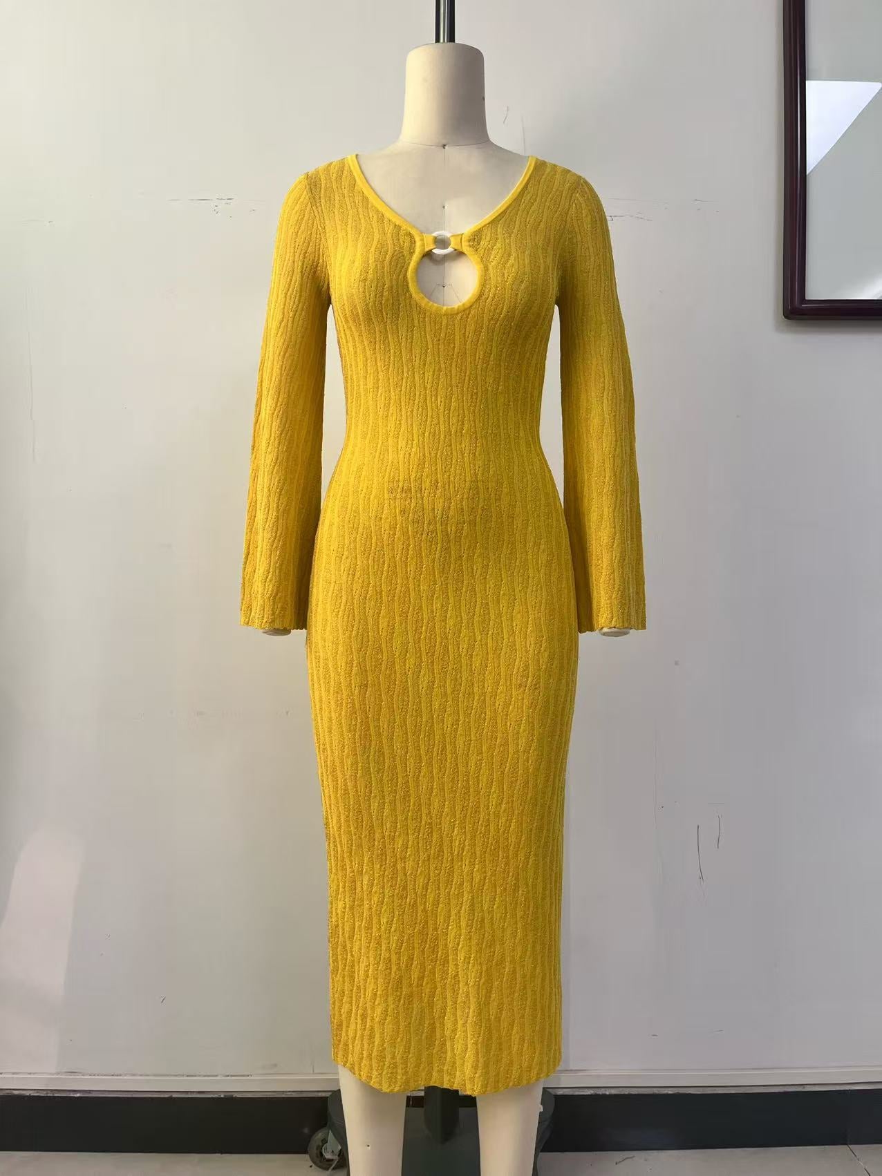 fitted yellow knitted maxi dress