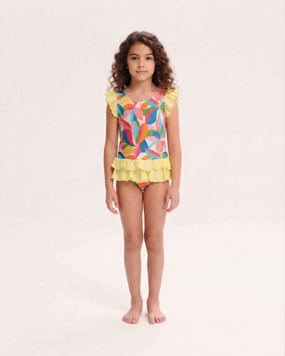 Kids Colorful Leaf Print Yellow Ruffle One Piece Swimsuit