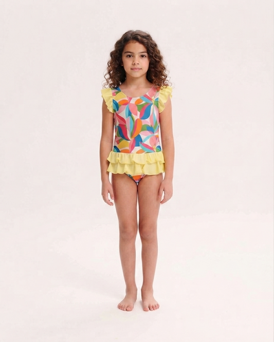 Kids Colorful Leaf Print Yellow Ruffle One Piece Swimsuit