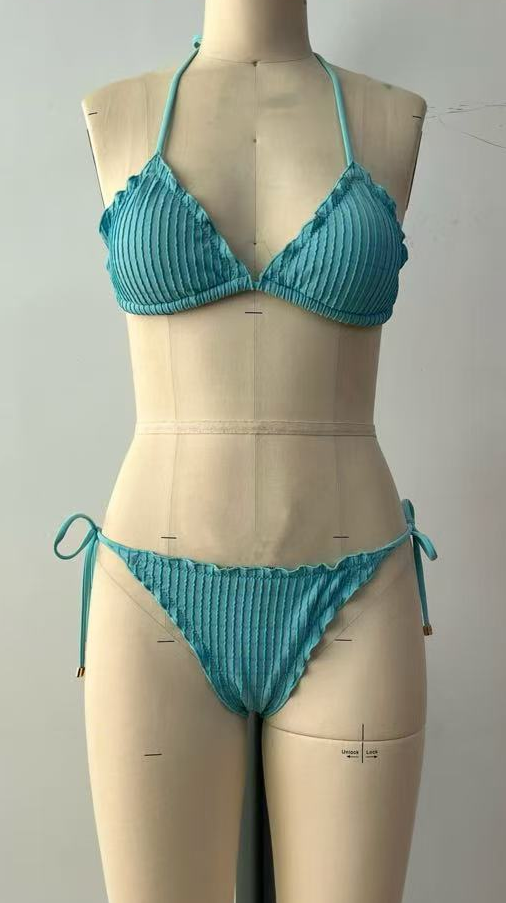blue ruffled bikini
