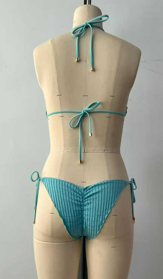 blue ruffled bikini
