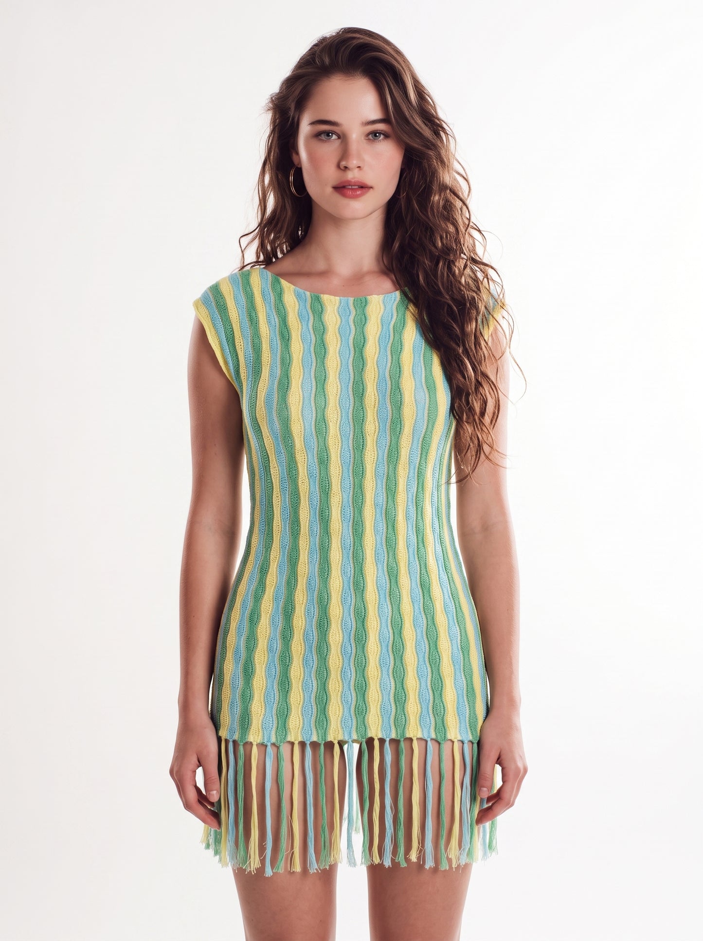 Tropical Stripe Fringe Crochet Cover-Up Mini Dress