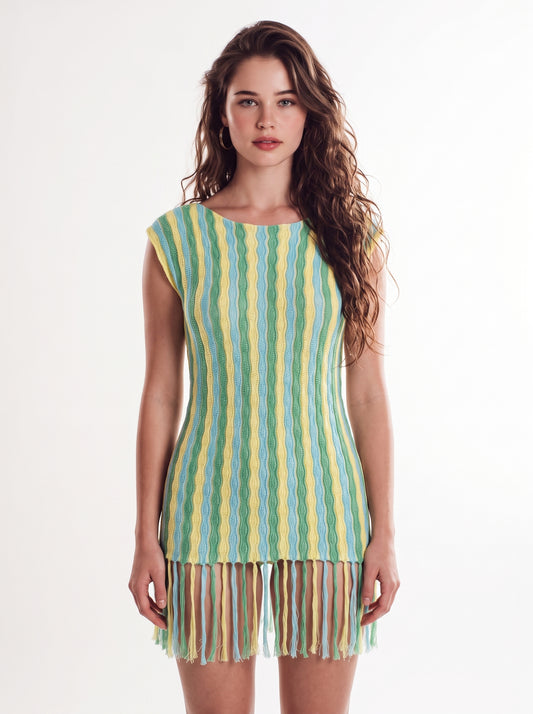 Tropical Stripe Fringe Crochet Cover-Up Mini Dress