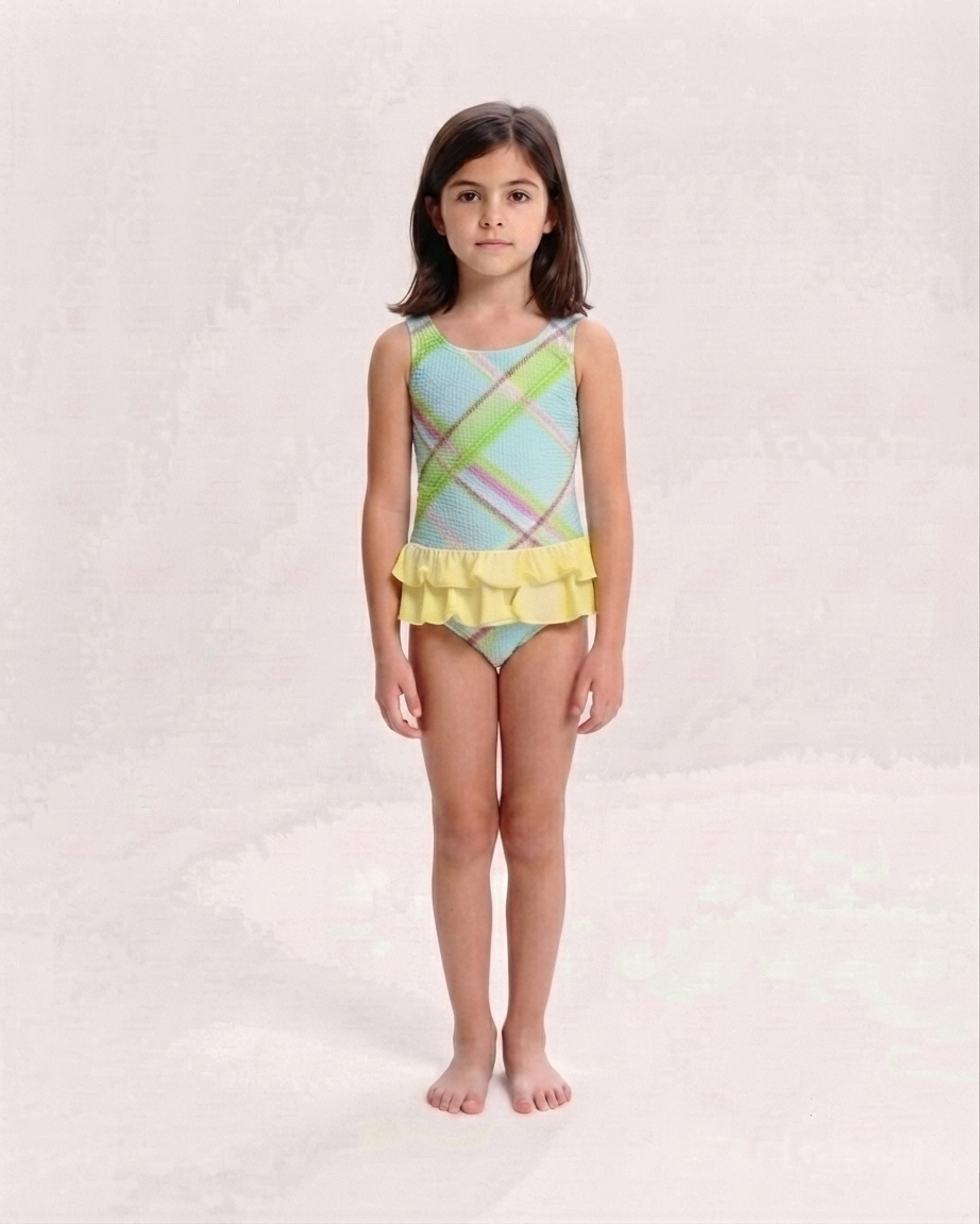 Kids Pastel Plaid Ruffle Two-Piece Tankini Swimsuit