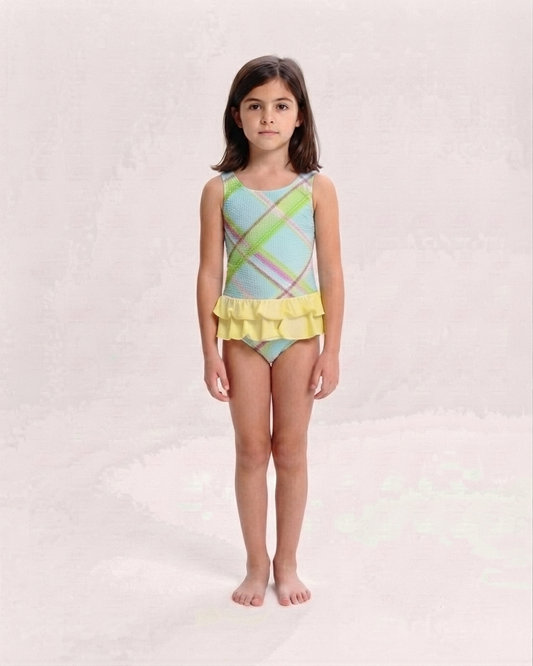Kids Pastel Plaid Ruffle Two-Piece Tankini Swimsuit
